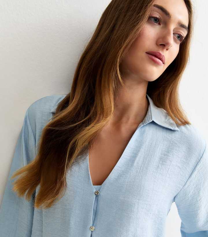 Tall Blue Crinkled Cropped Sleeve Shirt