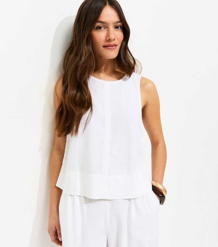 Petite White Linen Blend Sleeveless Top