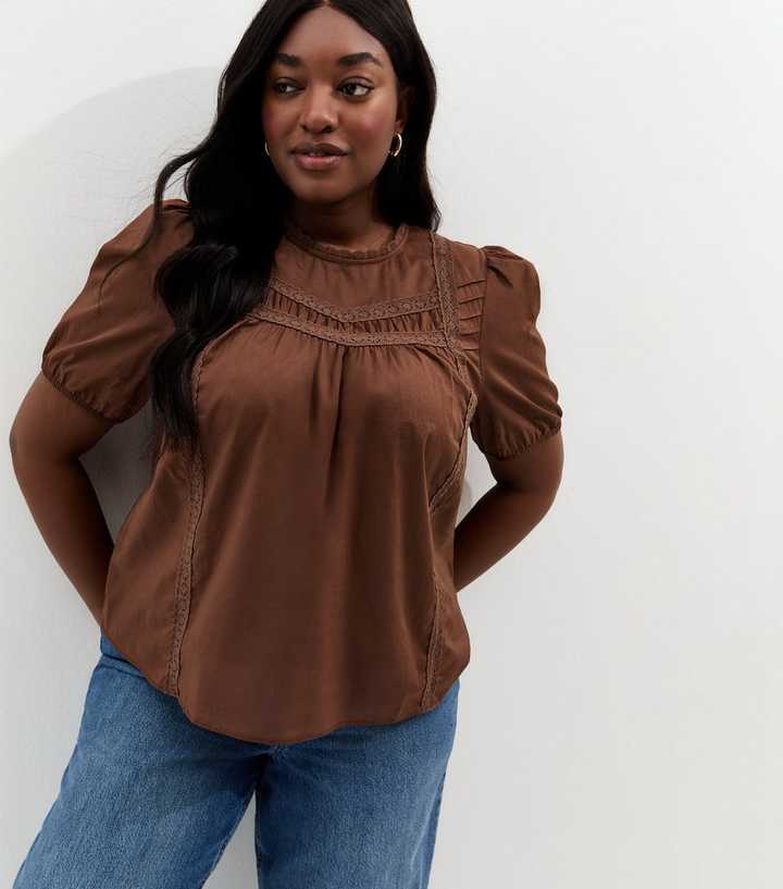 Curves Dark Brown Lace Trim Puff Sleeve Top