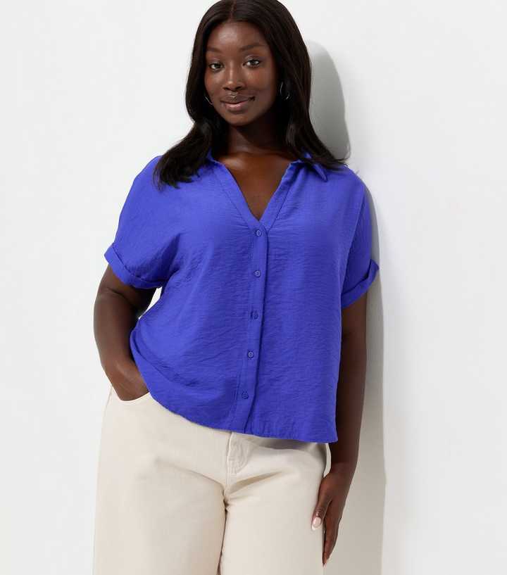 Curves Dark Blue Plain Short Sleeve Shirt