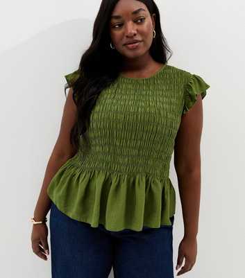 Curves Green Shirred Frill Sleeve Top