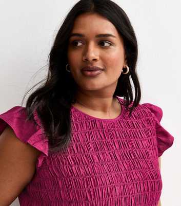 Curves Dark Pink Shirred Frill Sleeve Top