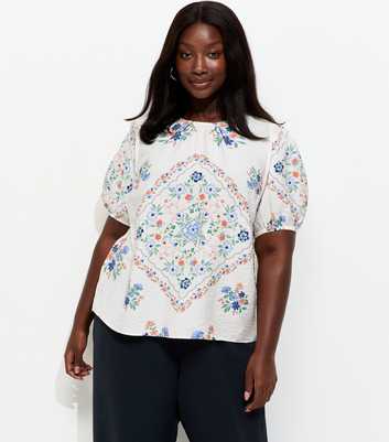 Curves Cream Scarf Print Puff Sleeve Top