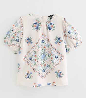 Curves Cream Scarf Print Puff Sleeve Top