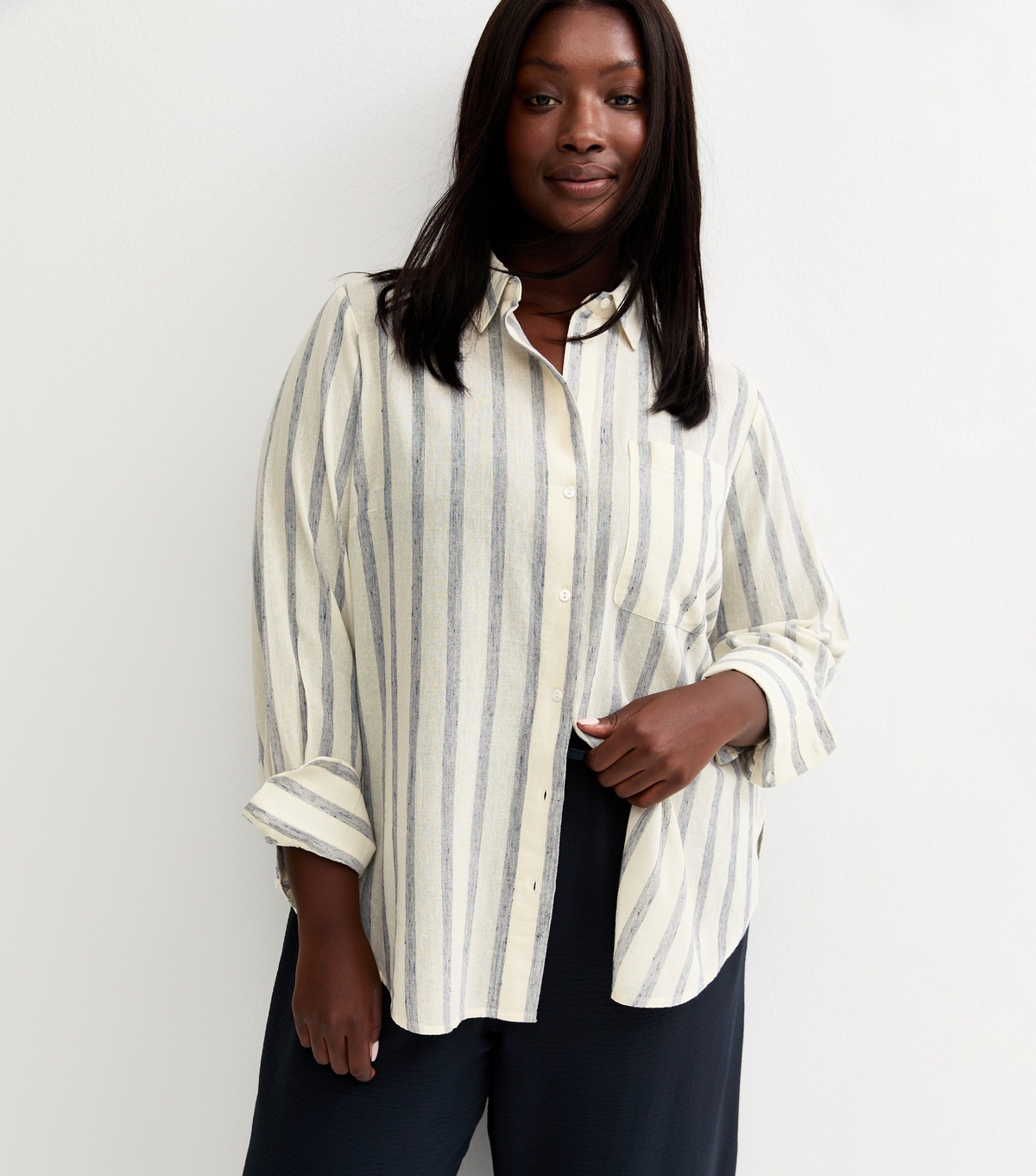 Women's Plus Size Blue Pinstripe Long Sleeve Shirt Curves New Look