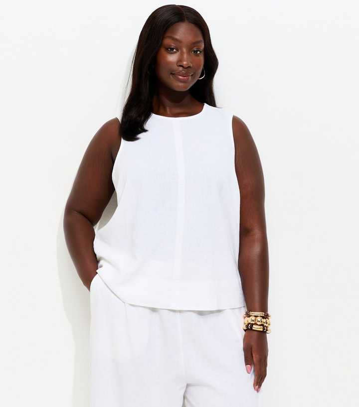 Curves White Linen Blend Sleeveless Top