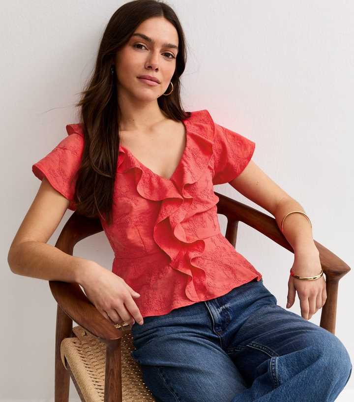Petite Coral Frill Embroidered Tea Top