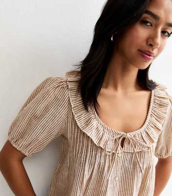 Petite Brown Striped Frill Collar Blouse