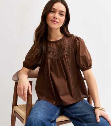 Petite Dark Brown Cotton Puff Sleeve Top