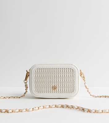 White Faux Leather Woven Chain Crossbody Bag
