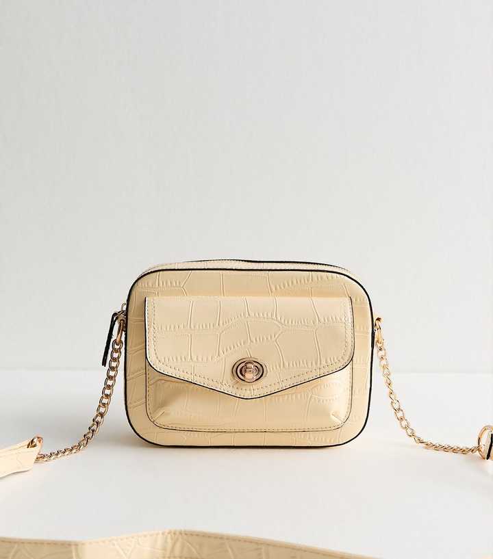 Light Yellow Faux Leather Croc Embossed Crossbody Bag