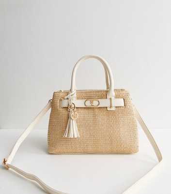 Stone Raffia Look Triple Compartment Top Handle Bag