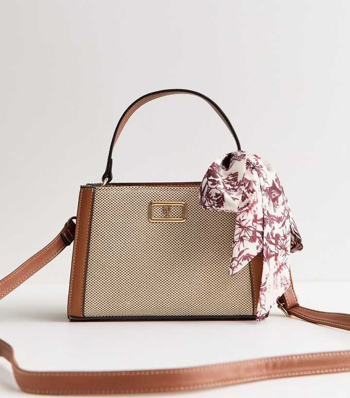 Brown Canvas Scarf Top Handle Crossbody Bag