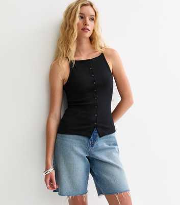 Black Ribbed Jersey Button Through Cami Top
