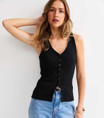 Black Ribbed Jersey V-Neck Button Through Vest Top