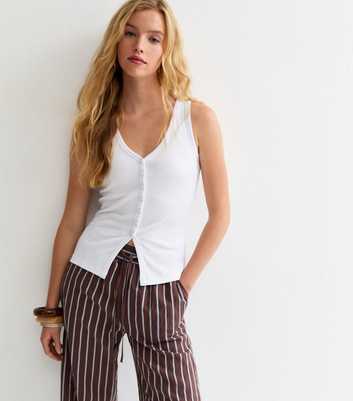 White Ribbed Jersey V-Neck Button Through Vest Top