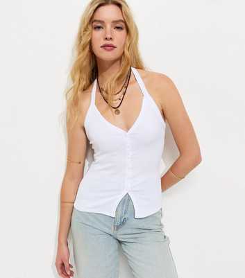 White Button Through Halter Neck Cami Top