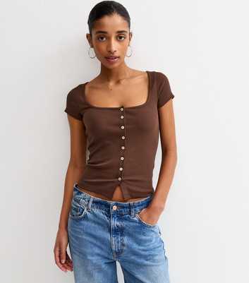 Dark Brown Square Neck Button Through T-Shirt