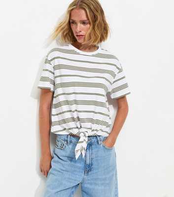 White and Green Striped Tie Front T-Shirt