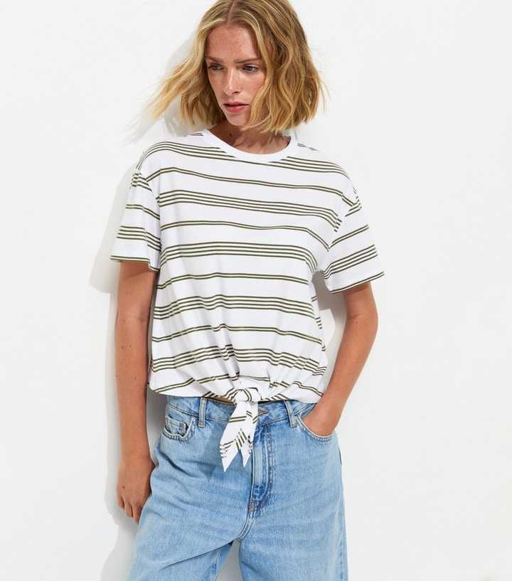 White and Green Striped Tie Front T-Shirt