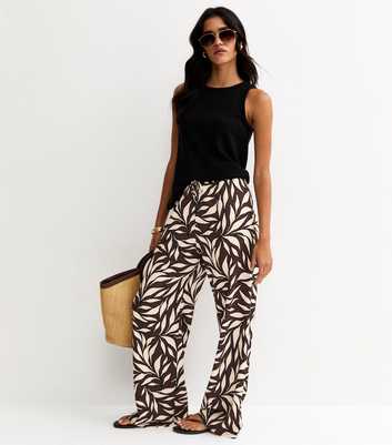 Brown Leaf Print Crinkle Texture Wide Leg Trousers