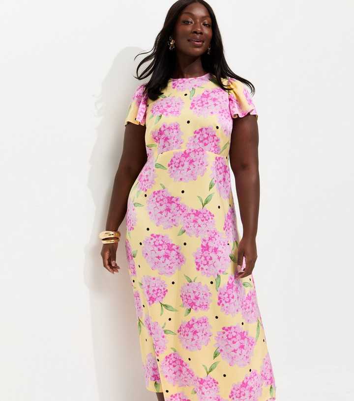 Curves Yellow Hydrangea Spot Print Flutter Sleeve Midi Dress