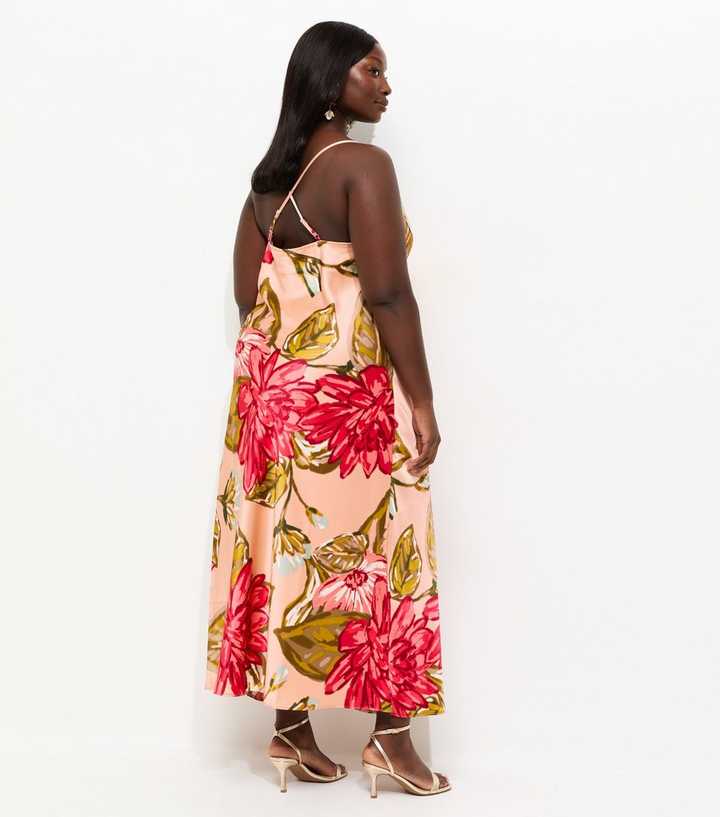 Curves Orange Floral Slip Midi Dress | New Look