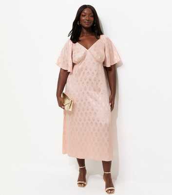 Curves Pink Paisley Jacquard Flutter Sleeve Midi Dress