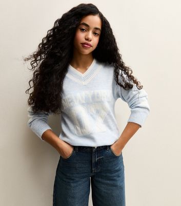 Girls Light Blue New York Logo V-Neck Jumper