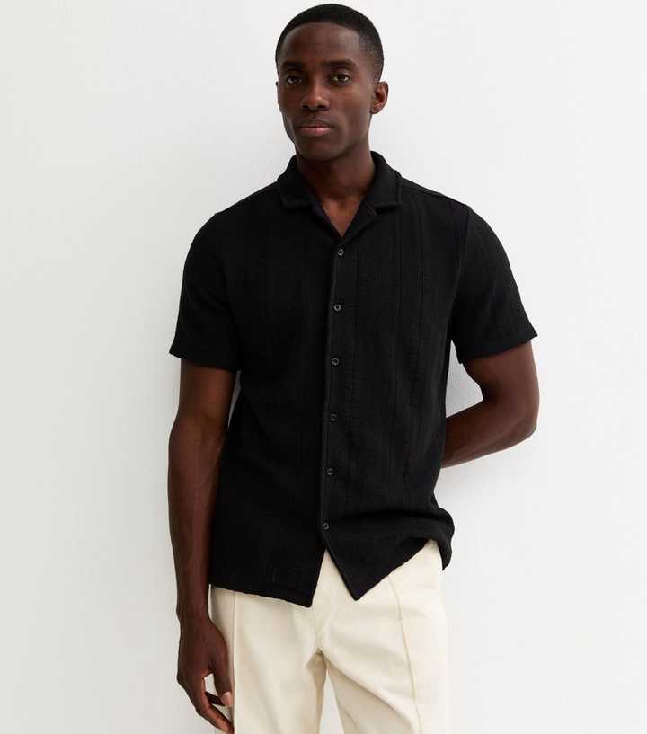 Black Relaxed Fit Textured Revere Collar Shirt