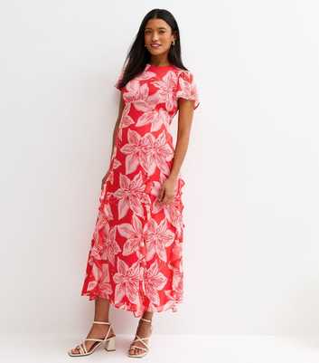Maternity Pink Chiffon Orchid Print Midi Dress