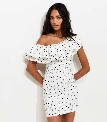 White Polka Dot Ruffle Trim Off The Shoulder Mini Dress