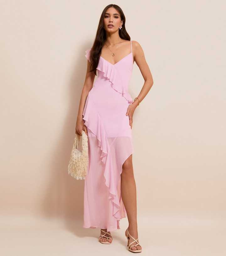 Lilac Chiffon Ruffle Trim Strappy Midi Dress
