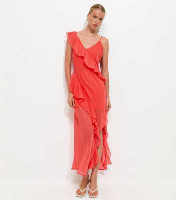 Dark Coral Chiffon Ruffle Trim Strappy Midi Dress