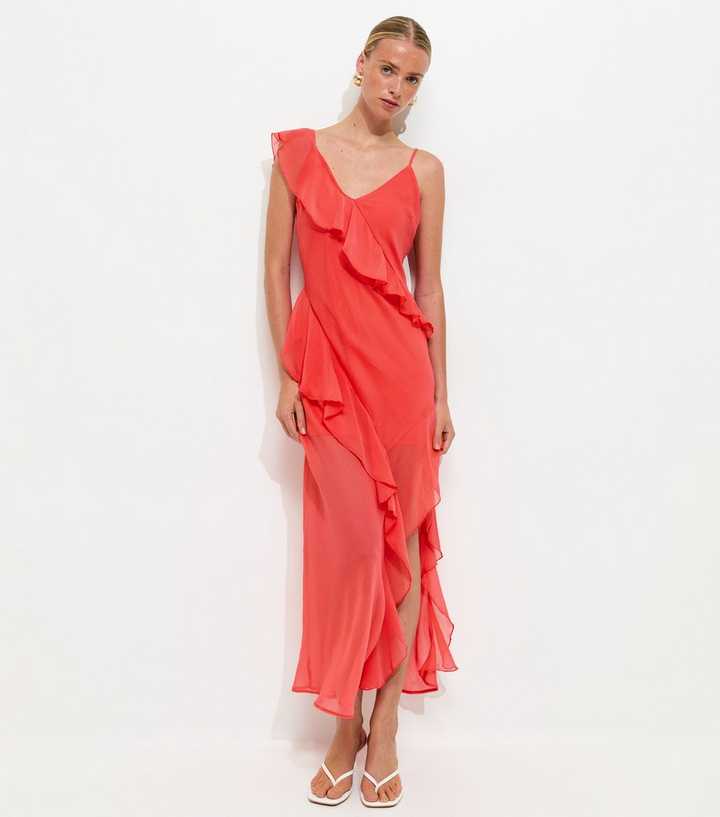 Dark Coral Chiffon Ruffle Trim Strappy Midi Dress