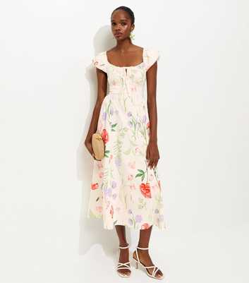 White Floral Print Corset Midi Dress