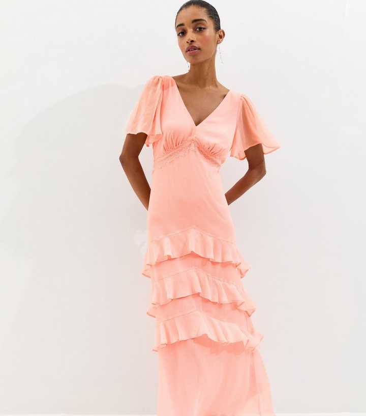 Light Coral Chiffon Lace Tea Maxi Dress