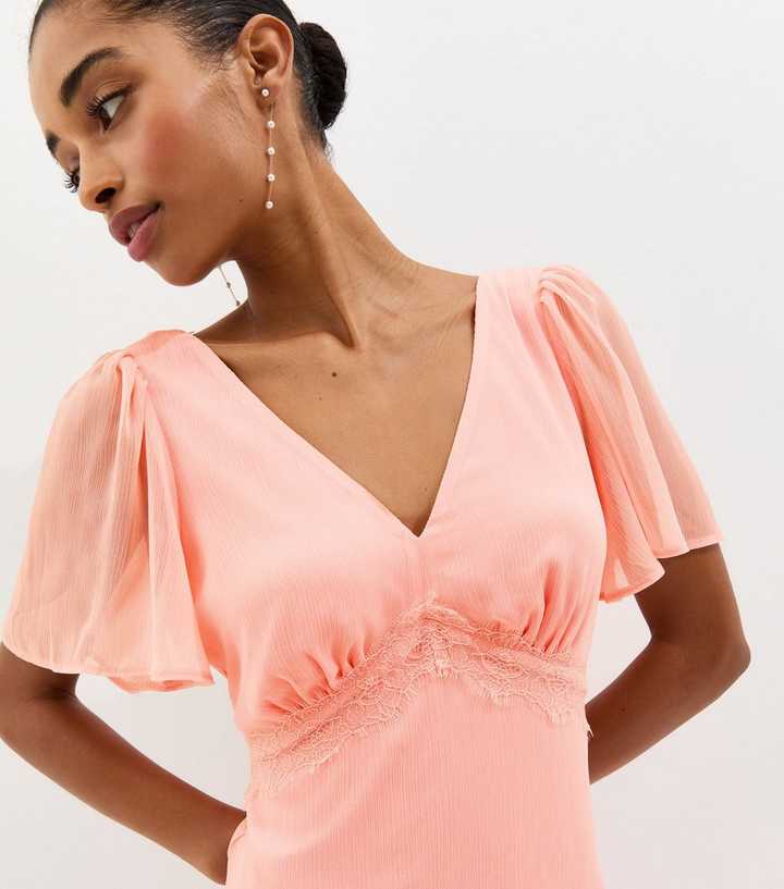 Light Coral Chiffon Lace Tea Maxi Dress | New Look