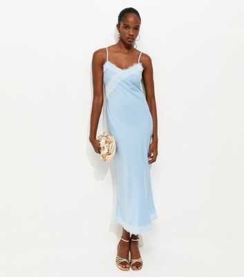 Blue Lace Trimmed Satin Midi Dress