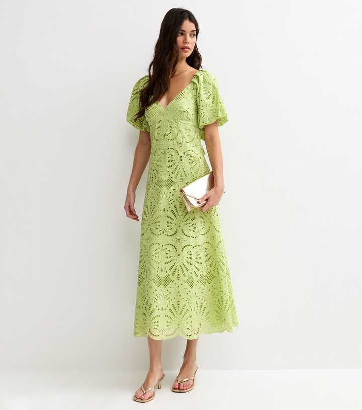 Light Green Broderie Anglaise Puff Sleeve Midi Dress