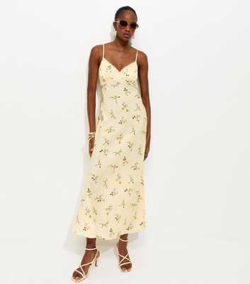 Yellow Daisy Print Lace Trimmed Satin Midi Dress