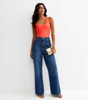 Bright Orange Slinky Square Neck Sleeveless Bodysuit