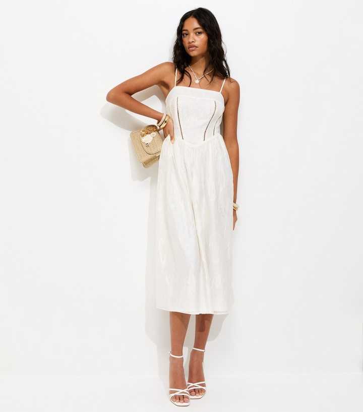 White Sparkly Floral Jacquard Midi Dress