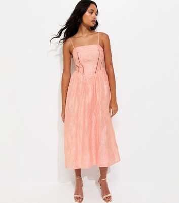 Light Coral Sparkly Floral Jacquard Midi Dress