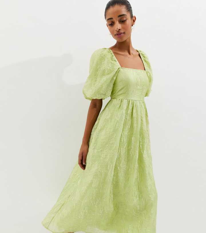 Light Green Glitter Clipped Milkmaid Midi Dress