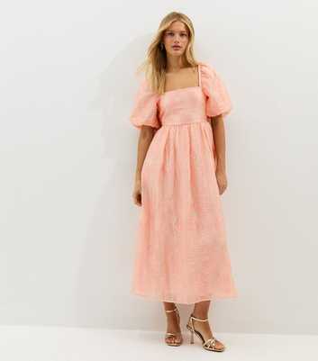 Light Coral Glitter Clipped Milkmaid Midi Dress
