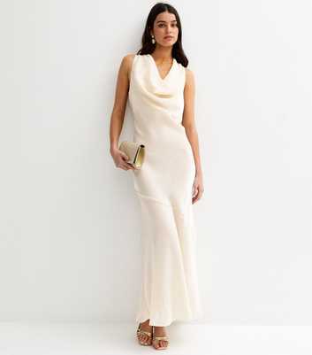 Cream Sparkly Satin Cowl Neck Maxi Dress