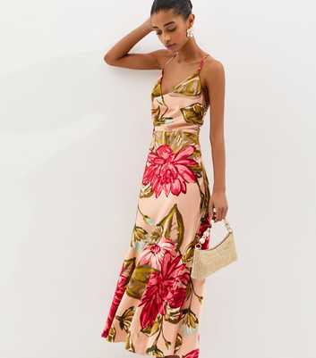 Coral Satin Large Florals Cowl Neck Maxi Dress