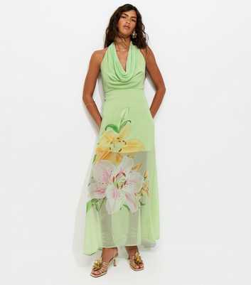Green Lotus Print Cowl Neck Halter Midi Dress