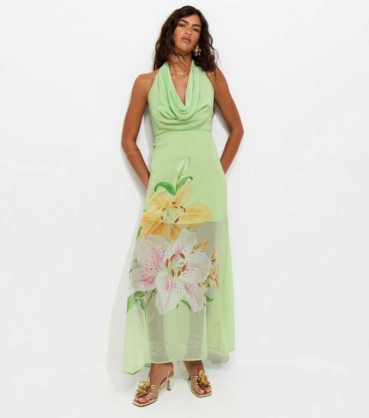 Green Lotus Print Cowl Neck Halter Midi Dress